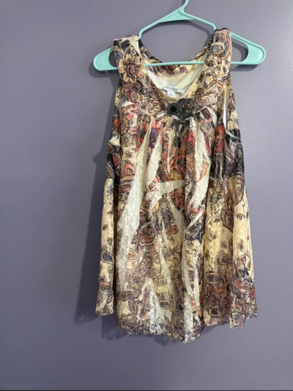 dressbarn Paisley Lace-Overlay Sleeveless Blouse in Cream and Brown